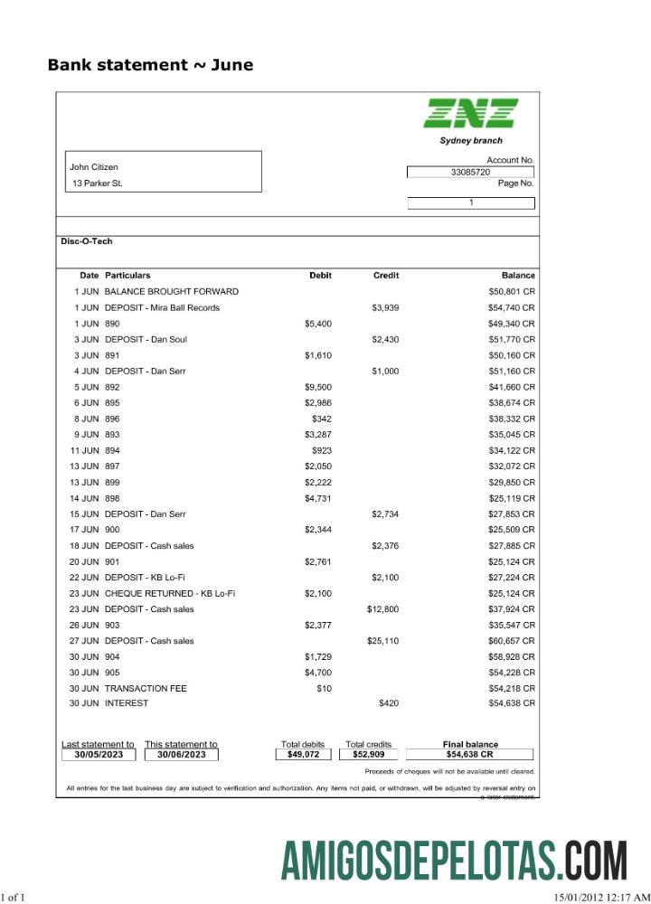 Extrato bancário Sydney ZNZ para download em Word e PDF modelo Scr
